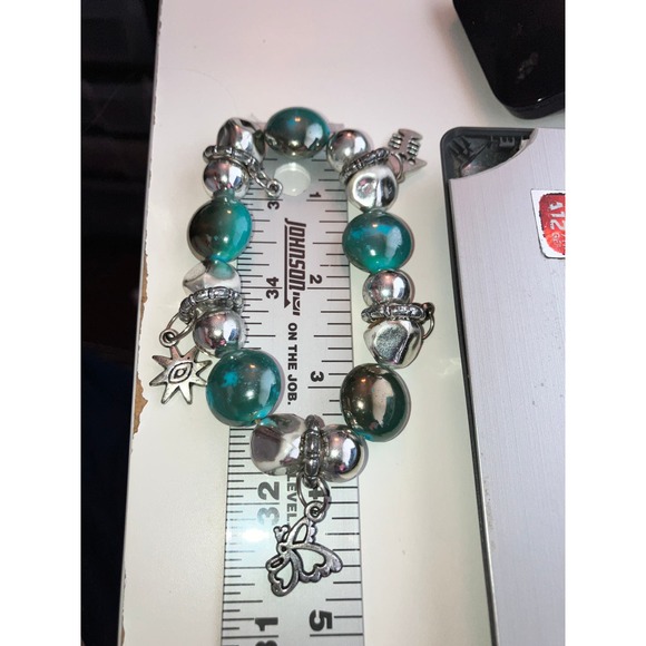 Turquoise & Silver-Tone Beaded Charm Homemade 4.75 Inch Around Bracelet! - Picture 6 of 6